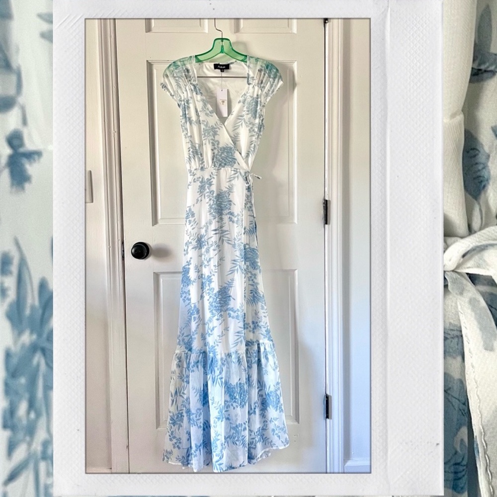 Aakaa Blue and white floral maxi wrap dress. Size M